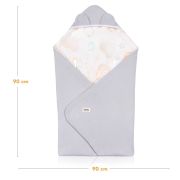 Paturica de infasat, Lionelo, Pentru scoica auto, carucior si landou, Cu multiple utilizari, Cu inchidere arici velcro, Dimensiune 90x90 cm, Din bumbac, TOG 2.5, 12-18 luni, Albastru BYNLO-TRAVEL_SWADDLE_BLANKET_GREY_BALLOON
