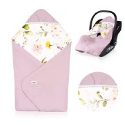 Paturica de infasat, Lionelo, Pentru scoica auto, carucior si landou, Cu multiple utilizari, Cu inchidere arici velcro, Dimensiune 90x90 cm, Din bumbac, TOG 2.5, 12-18 luni, Roz BYNLO-TRAVEL_SWADDLE_BLANKET_PINK_FLOWER