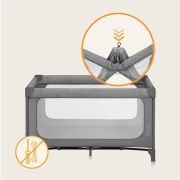 Patut pliant, Lionelo, Jasmin Easy Fold, Pana la 15 kg, Usor de pliat, Cu doua nivele, Cu saltea ergonomica T25, Cu intrare laterala cu fermoar, 2 roti cu frana, 120 x 60 cm, Conform cu EN 716, 0-36 luni, Gri BYNLO-JASMIN_EASY_FOLD_GREY_STONE