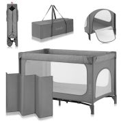 Patut pliant, Lionelo, Jasmin Easy Fold, Pana la 15 kg, Usor de pliat, Cu doua nivele, Cu saltea ergonomica T25, Cu intrare laterala cu fermoar, 2 roti cu frana, 120 x 60 cm, Conform cu EN 716, 0-36 luni, Gri BYNLO-JASMIN_EASY_FOLD_GREY_STONE