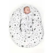 Perna alaptare, New Baby, Cu husa detasabila, In forma de C, Bumbac, Diametru 16 cm, Lungime in jurul circumferintei 285 cm, Stars White/Grey BYN35211