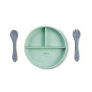 Set Diversificare Bebelusi, Silicon Alimentar Premium, 4 Piese ,   Farfurie Sectionata, Lingurita, Furculita, Cana ,    , œfood  Fun,   Mint Pjb17601
