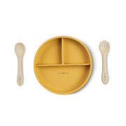 Set Diversificare Bebelusi, Silicon Alimentar Premium, 4 Piese ,   Farfurie Sectionata, Lingurita, Furculita, Cana ,    , œfood  Fun,   Mustard Pjb17602