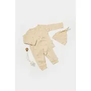 Set 3 piese:bluza, pantaloni si caciulita Printed, BabyCosy, 50% modal+50% bumbac, Stone (Marime: 6-9 luni) JEMBC-CSYM25504-6