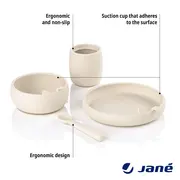 Set complet de masa, Jane, Din silicon, Cu 4 piese, Farfurie, Bol, Lingurita si pahar, BPA free, Sand BYN8420421089507