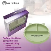 Farfurie compartimentata din silicon cu ventuza, AppeKids - Kitty - Raw Green KRTAK275343