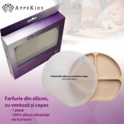 Farfurie compartimentata din silicon cu ventuza si capac, AppeKids - Bubble Beige KRTAK275701