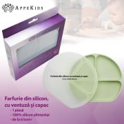 Farfurie compartimentata din silicon cu ventuza si capac, AppeKids - Raw Green KRTAK275749