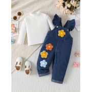 Set salopeta din blugi pentru fetite cu bluzita alba si floricele aplicate mdtu22-r2