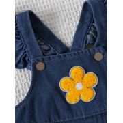 Set salopeta din blugi pentru fetite cu bluzita alba si floricele aplicate mdtu22-r2