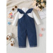Set salopeta din blugi pentru fetite cu bluzita alba si floricele aplicate mdtu22-r2