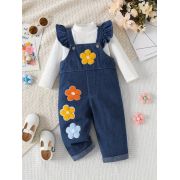 Set salopeta din blugi pentru fetite cu bluzita alba si floricele aplicate mdtu22-r2