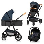 Lionelo - Carucior compact Amber, 3 in 1, Cadru din aluminiu, Cu landou intarit si salteluta moale, Scoica auto, Reversibil, Maner ajustabil, Huse pentru picioare, Plasa de tantari, Husa de ploaie, Geanta parinti, Pana la 22 kg, Albastru BYNLO-AMBER_3IN1_
