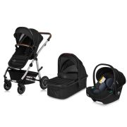 Carucior 3 in 1, Lionelo, Amber, Cadru aluminiu, Cu landou intarit si salteluta moale, Scoica auto, Reversibil, Maner ajustabil, Huse pentru picioare, ploaie, Plasa de tantar, Geanta parinti, Pana la 22 kg, EN1888-1 EN1888-2 EN1466 ECE R44/04, Negru BYNLO