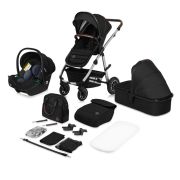 Carucior 3 in 1, Lionelo, Amber, Cadru aluminiu, Cu landou intarit si salteluta moale, Scoica auto, Reversibil, Maner ajustabil, Huse pentru picioare, ploaie, Plasa de tantar, Geanta parinti, Pana la 22 kg, EN1888-1 EN1888-2 EN1466 ECE R44/04, Negru BYNLO