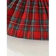 Rochita eleganta rosie cu model in carouri si fundita pentru fetite mbtu17-r1