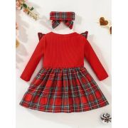 Rochita eleganta rosie cu model in carouri si fundita pentru fetite mbtu17-r1