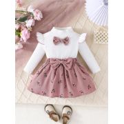 Set pentru fetite – bluzita alba cu papion si fustita roz pudra mdtu20-r1