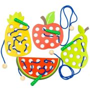 Jucarie Montessori de snuruit, Baby Mix, Dezvolta abilitatile motorii fine, a concentrarii si a rabdarii, Lemn si snur moale din bumbac, 36 luni+, Vegetables and Fruits BYN57339