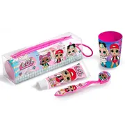 Set ingrijire dentala pentru calatorie, LOL Surprise, Periuta cu capac, pasta de dinti 75 ml, pahar si borseta