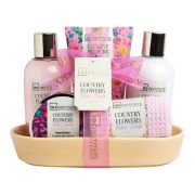 Set 5 produse de ingrijire Country Flower cu suport ceramic, IDC Institute 56232, 600 ml