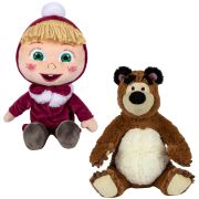 Set 2 jucarii din plus Masha cu pardesiu 26 cm si Ursul 25 cm, Masha & The Bear