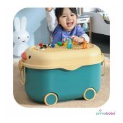 Cutie pentru jucarii, Primabobo, Cu suprafata adaptata blocurilor Lego, maner si roti, Model ursulet, 46 cm, Albastru BYN5904905021687