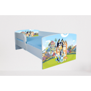 Pat Bluey cu Protectii laterale, cu Saltea SafeNest 130x60 Cm, 2-6 Ani  Ptv7425