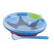 Bol, Nuby, Cu ventuza, rezervor si lingura, Pentru a mentine alimentele calde, Sigur pentru masina de spalat vase si microunde, 400 ml, 3 luni+, Blue BYNID5342BLUE