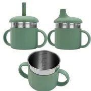 Canuta, New Baby, Cu manere si gura de scurgere care poate fi folosita de sine statatoare sau cu pai, 50% silicon, 50% otel inoxidabil, Fara BPA, 0 luni+, Green BYN56991