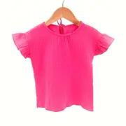 Tricou cu volanase la maneci pentru copii, din muselina, Pink Pop, 3-4 ani KDETMV34BD