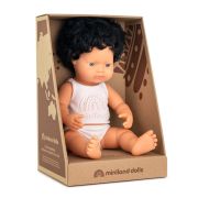 Papusa educativa 38 cm baiat caucazian cu par negru si ondulat - okeml31261