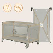 Patut pliant, Lionelo, Flower, Cu doua nivele, Cu arcada, Geanta transport, Masuta de infasat, Bara cu jucarii, Fereastra laterala, 120x60 cm, Conform cu standardele europeane de securitate EN 716 si EN12221, Cappuccino BYNLO-FLOWER_CAPPUCCINO