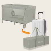 Patut pliant, Lionelo, Flower, Cu doua nivele, Cu arcada, Geanta transport, Masuta de infasat, Bara cu jucarii, Fereastra laterala, 120x60 cm, Conform cu standardele europeane de securitate EN 716 si EN12221, Cappuccino BYNLO-FLOWER_CAPPUCCINO