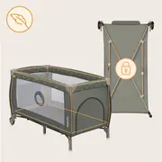 Patut pliant, Lionelo, Sven Plus, 120x60 cm, Cu doua nivele, Cu arcada jucarii, masuta de infasat, vibratii, melodii, conform cu standardele europeane de securitate EN716 si EN12221, Bej Olive BYNLO-SVEN_PLUS_BEIGE_OLIVE