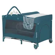Patut pliant, Lionelo, Flower, Cu doua nivele, Cu arcada, Geanta transport, Masuta de infasat, Bara cu jucarii, Fereastra laterala, 120x60 cm, Conform cu standardele europeane de securitate EN 716 si EN12221, Verde BYNLO-FLOWER_GREEN_TURQUOISE