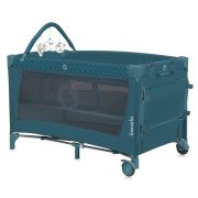 Patut pliant, Lionelo, Flower, Cu doua nivele, Cu arcada, Geanta transport, Masuta de infasat, Bara cu jucarii, Fereastra laterala, 120x60 cm, Conform cu standardele europeane de securitate EN 716 si EN12221, Verde BYNLO-FLOWER_GREEN_TURQUOISE
