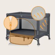 Patut pliant, Lionelo, Laura, 102 x 74 cm, Cu doua nivele, Functie de tarc, Cu roti, Include salteluta si geanta de transport, Pereti din plasa, Deschidere laterala, Pana la 15 kg, 0 luni +, Gri BYNLO-LAURA_GREY_CONCRETE