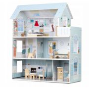 Casuta de papusi din lemn cu 3 etaje, mobilier inclus, 60 x 24 x 70 cm, ricokids rk-878 - albastru deschis edeedi787801