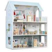 Casuta de papusi din lemn cu 3 etaje, mobilier inclus, 60 x 24 x 70 cm, ricokids rk-878 - albastru deschis edeedi787801