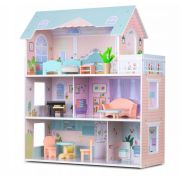 Casuta de papusi din lemn cu 3 etaje, mobilier inclus, 60 x 24 x 70 cm, ricokids rk-878 - roz edeedi787800