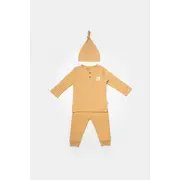 Set 3 piese:bluza, pantaloni si caciulita Bamboo, maro, BabyCosy, 50% bumbac+50%bambus (Marime: 3-6 Luni) JEMBC-CSYB9003-3