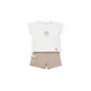 Set tricou ecru cu pantaloni scurti TeddyBear, 100% bumbac organic, BabyCosy (Marime: 6-9 luni) JEMBC-CSYM7104-6