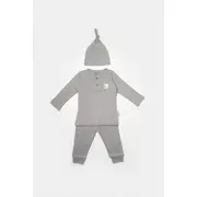 Set 3 piese:bluza, pantaloni si caciulita Bamboo, gri, BabyCosy, 50% bumbac+50%bambus (Marime: 18-24 Luni) JEMBC-CSYB9005-18