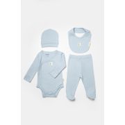 Set 4 piese:body, pantaloni, baveta si caciulita Bamboo, bleu, BabyCosy, 50% bumbac+50%bambus (Marime: 3-6 Luni) JEMBC-CSYB9010-3