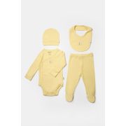 Set 4 piese:body, pantaloni, baveta si caciulita Bamboo, galben, BabyCosy, 50% bumbac+50%bambus (Marime: 3-6 Luni) JEMBC-CSYB9008-3