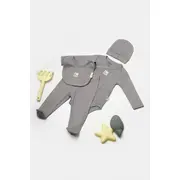 Set 4 piese:body, pantaloni, baveta si caciulita Bamboo, gri, BabyCosy, 50% bumbac+50%bambus (Marime: 0-3 Luni) JEMBC-CSYB9011-0