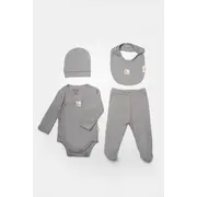 Set 4 piese:body, pantaloni, baveta si caciulita Bamboo, gri, BabyCosy, 50% bumbac+50%bambus (Marime: 6-9 luni) JEMBC-CSYB9011-6