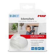 Pachet economic 12 protectii universale pentru colturi, din plastic transparent, cu banda adeziva, rezistente la muscaturi, fara PVC, Reer 82069