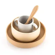 Set 4 piese vesela din silicon pentru mancarea copiilor (farfurie, castron, canuta, lingurita), fara BPA, lavabile in masina de spalat vase, de la 6 luni, bej, Reer 25100